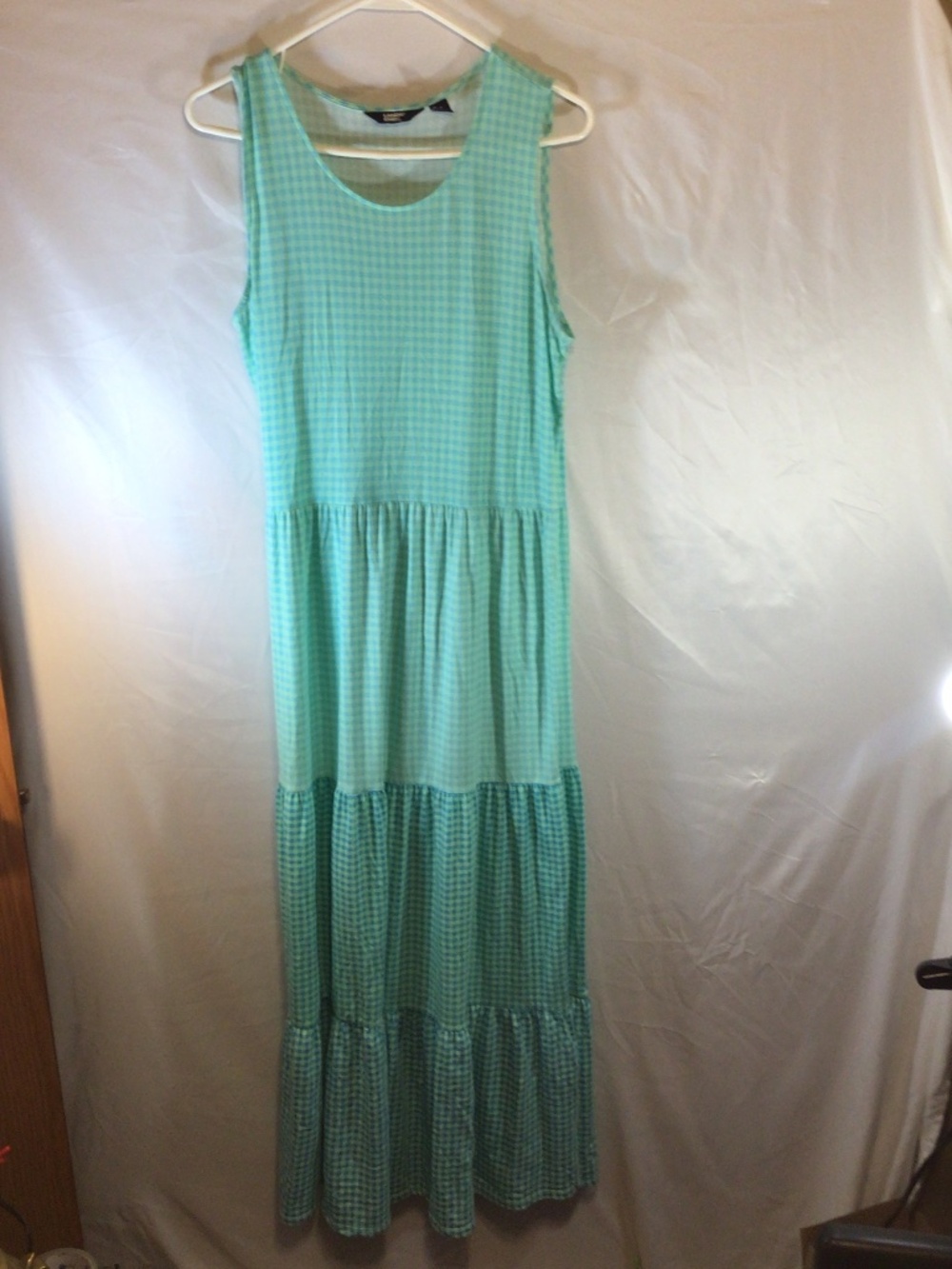 Lands’ End M (10-12)Aqua Gingham Tiered Maxi Dress Vacation Cottagecore Coastal